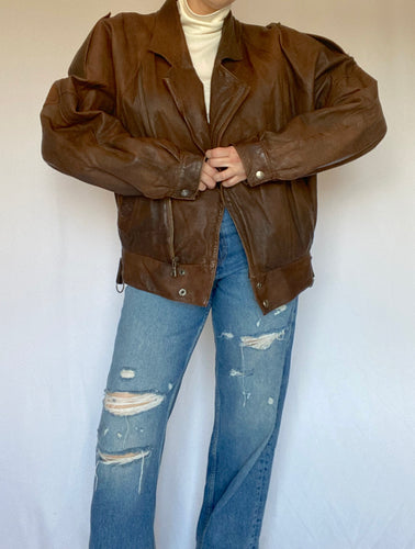 80's Brown Leather Bomber Jacket