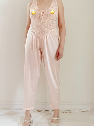 80's Pink Satin and Lace Jumpsuit