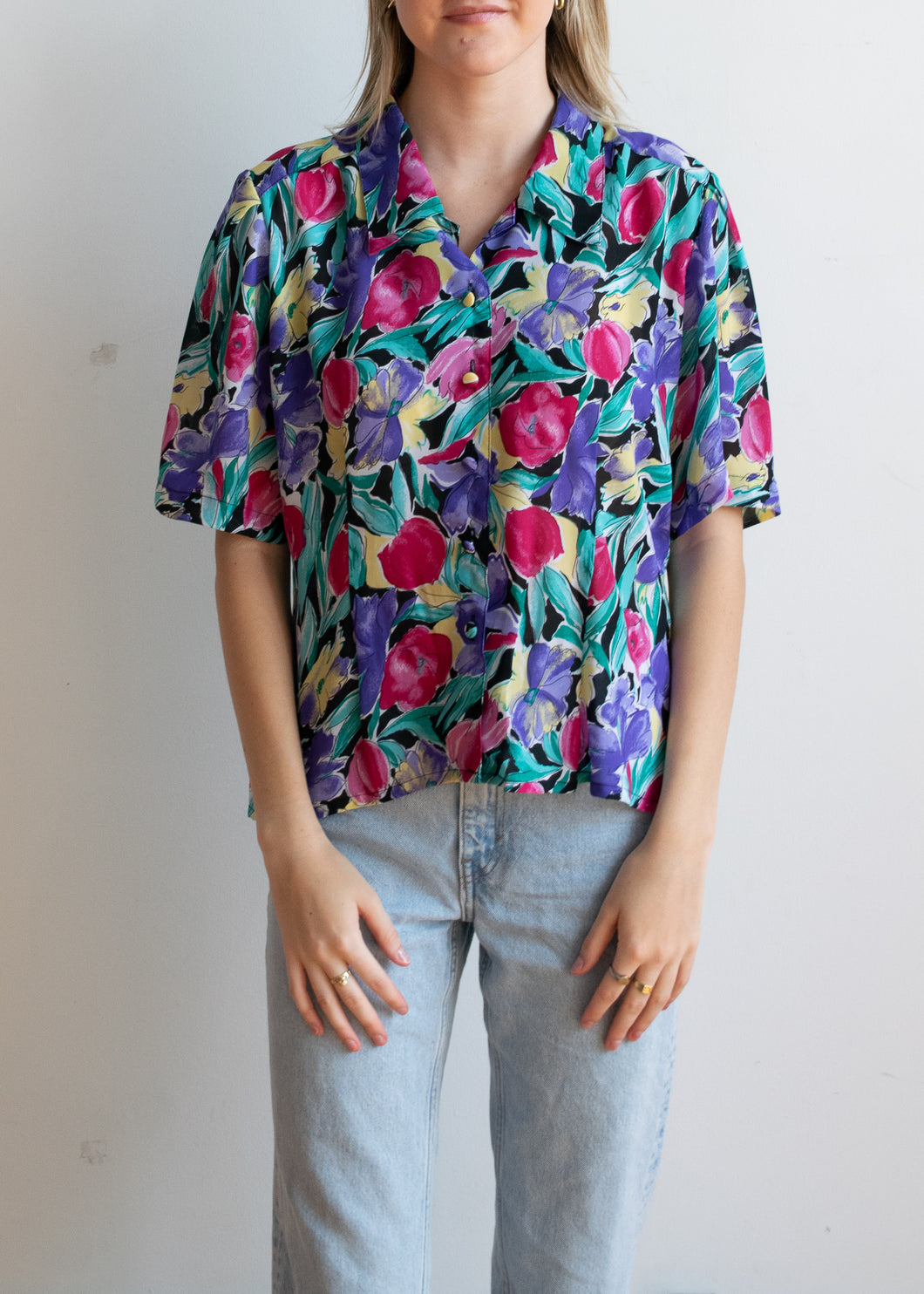 80's Floral Button Up Blouse