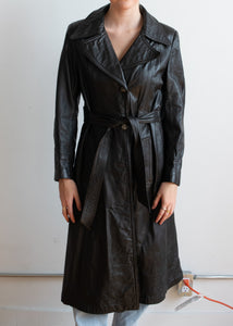 80's Black Leather Trench