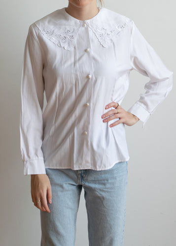 80's White Lace Collared Blouse