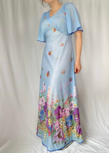 70's Blue Floral Butterfly Sleeve Dress