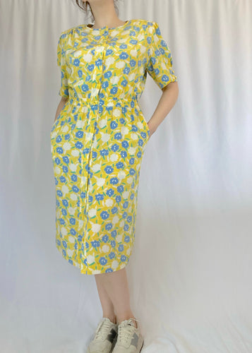80's Yellow Floral Midi Dress