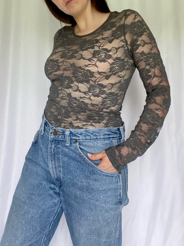90's Grey Rose Lace Long Sleeve Shirt