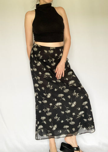 90's Black and White Floral Maxi Skirt