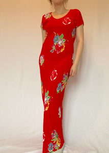 90's Red Floral Maxi Dress
