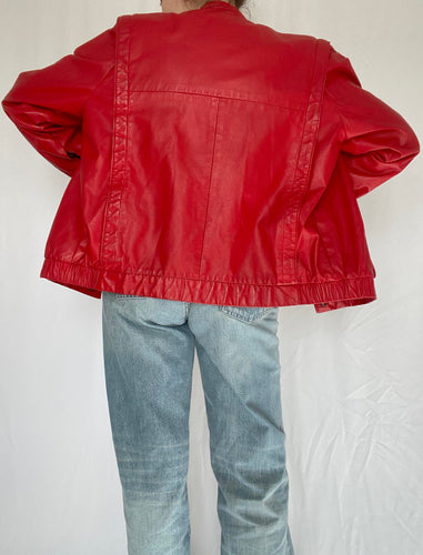 80's Red Leather Bomber Jacket