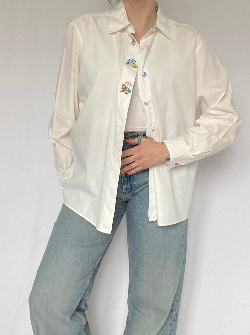 80's White Embroidered Blouse