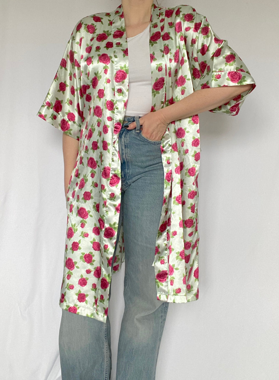 90's Satin Rose Print Robe