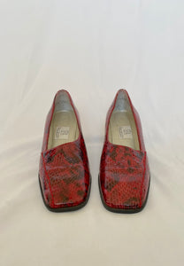 90's Red Snake Print Heeled Loafers