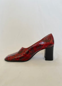 90's Red Snake Print Heeled Loafers