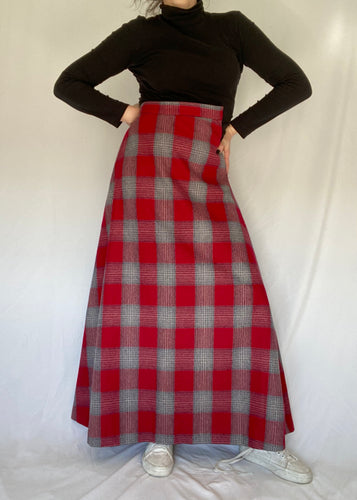 70's Red Plaid Maxi Skirt