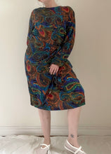 80's Navy Paisley Faux Wrap Dress