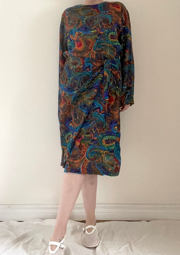 80's Navy Paisley Faux Wrap Dress