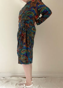 80's Navy Paisley Faux Wrap Dress