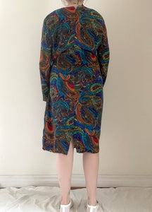 80's Navy Paisley Faux Wrap Dress
