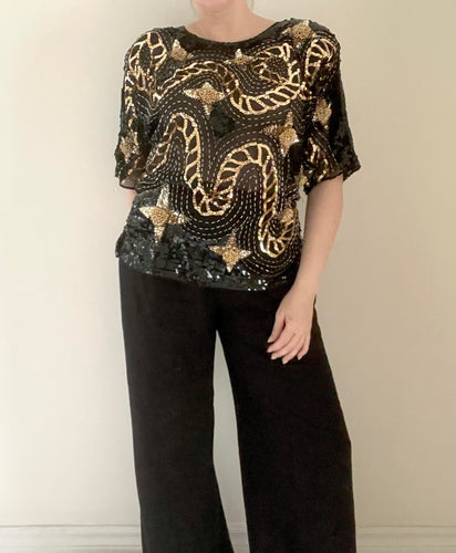 80's Black and Gold Sequin Blouse
