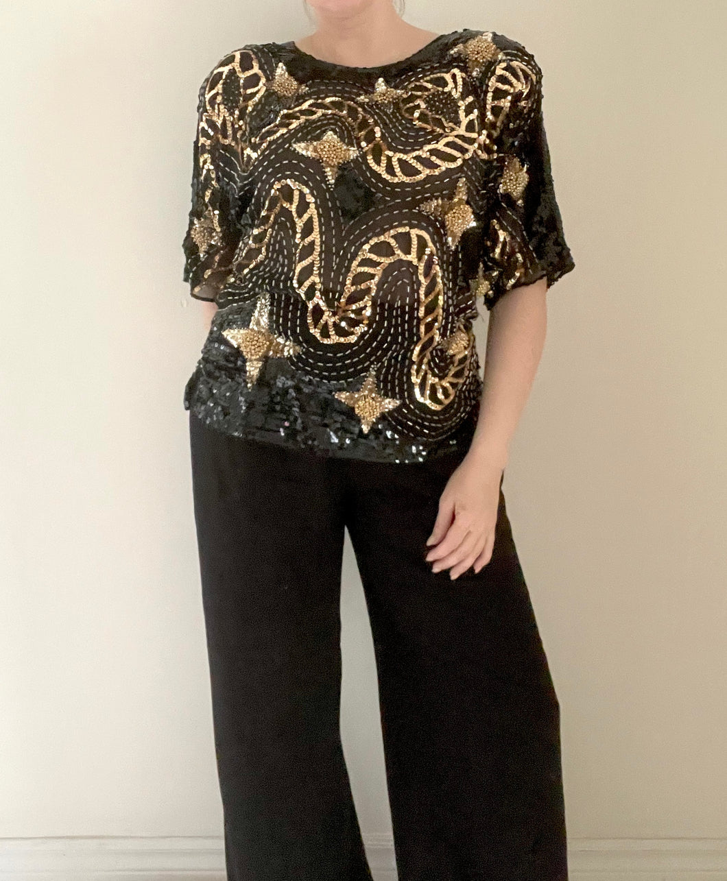 80's Black and Gold Sequin Blouse