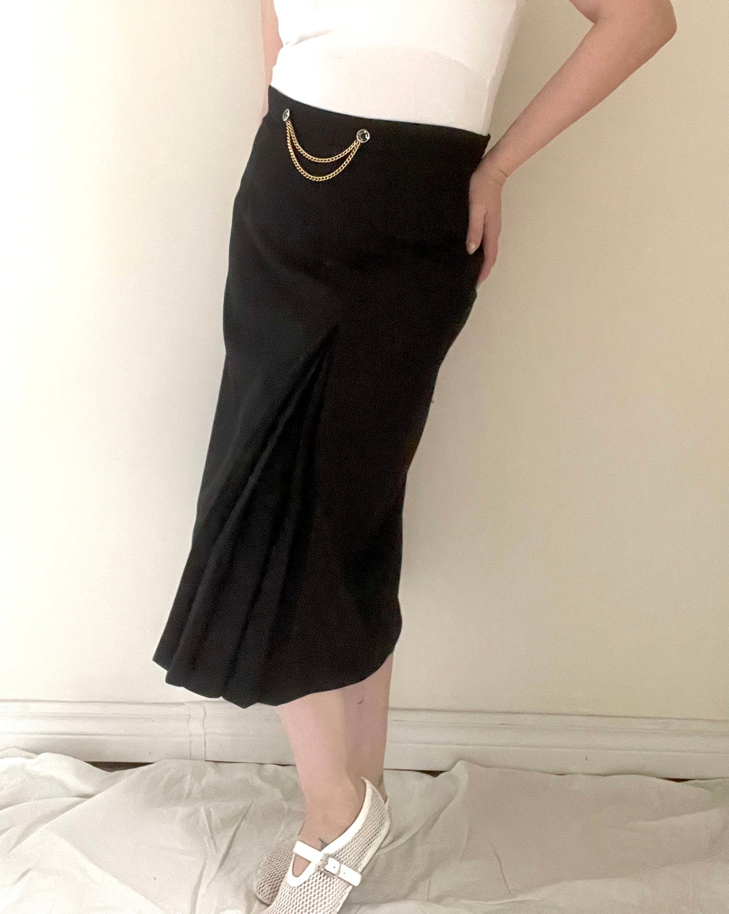 80's Black Pleated Midi Skirt