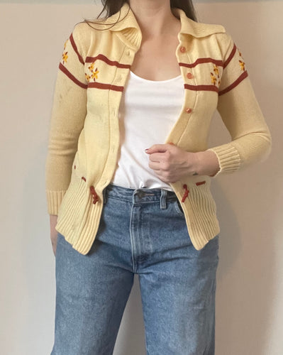 70's Ivory Embroidered Cardigan
