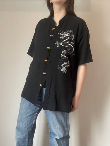 90's Black Cotton Dragon Embroidered Tee