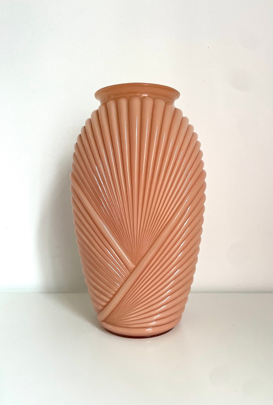 80's Pink Ribbed Glass Art Deco Revival Vase