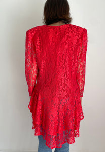 80's Red Lace Coattail Blouse