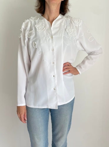 80's White Button Up Blouse
