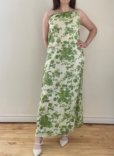 70's Green Floral Halter Dress