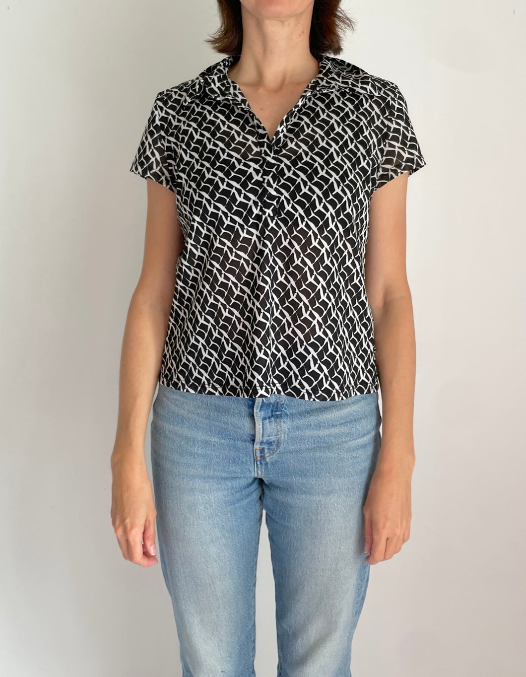 90's Black and White Semi-Sheer Blouse