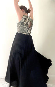 80's Black Pleated Maxi Dress