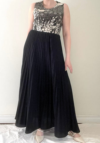 80's Black Pleated Maxi Dress