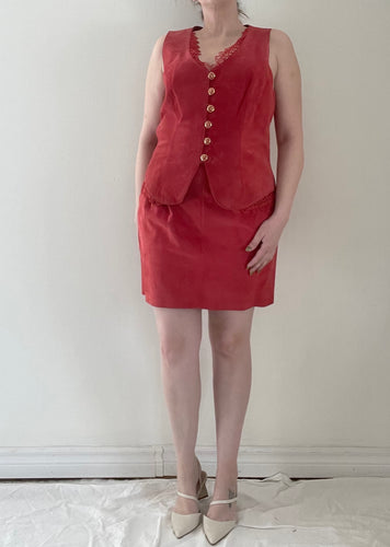 90's Red Suede Vest and Skirt Set
