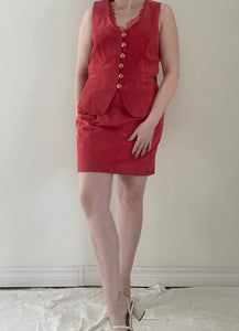 90's Red Suede Vest and Skirt Set