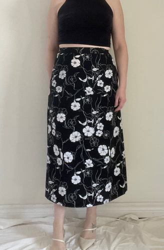 90's Black and White Floral Midi Skirt
