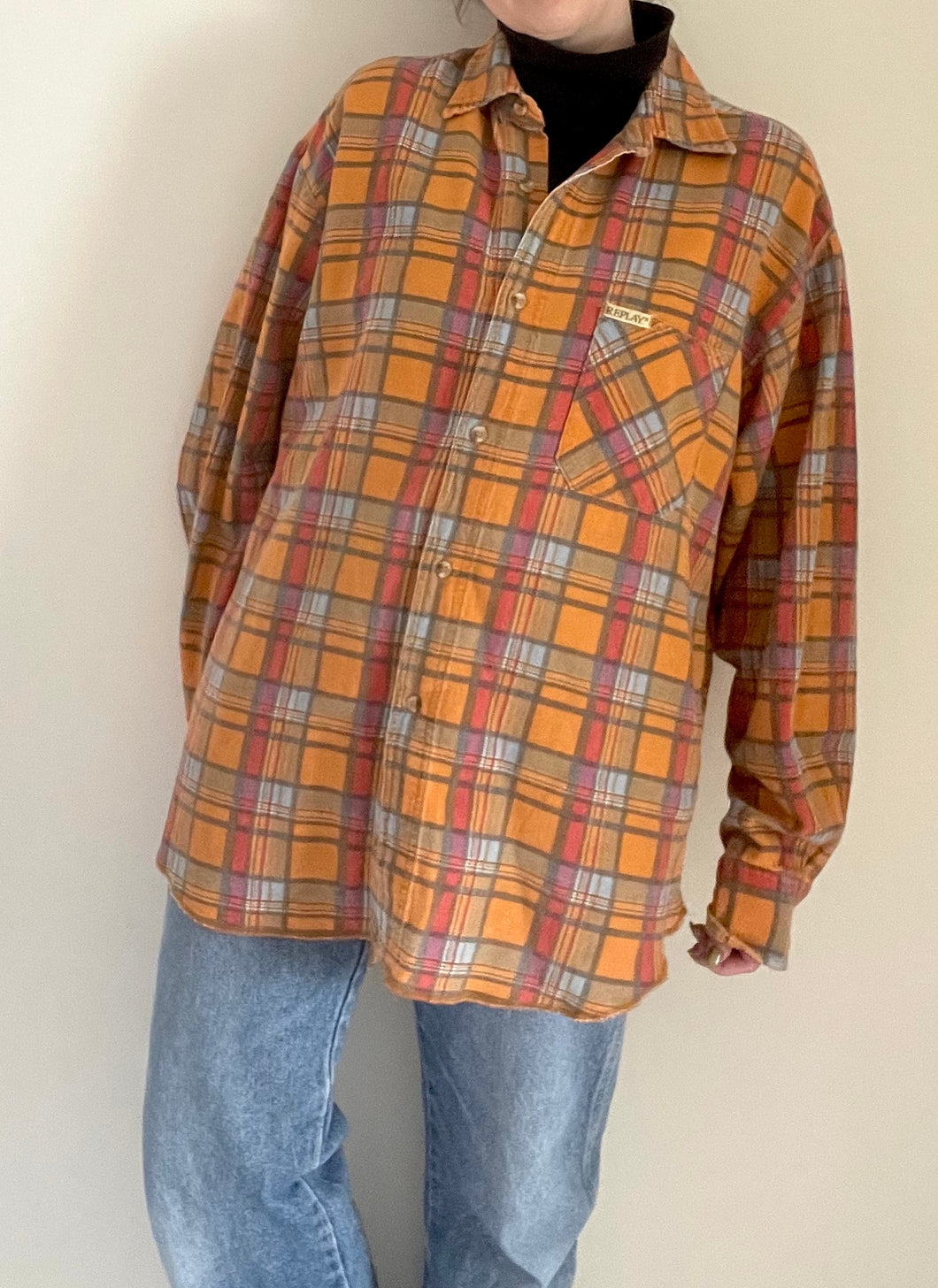 90's Orange Plaid Button-Up
