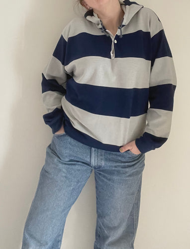 80's Navy and Grey Striped Hoodie