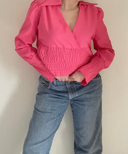 70's Pink Faux Wrap Blouse