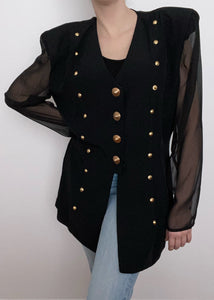 Black Sheer Sleeve Button Up Blouse