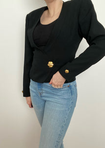 Black Deep-V Button Closure Blouse