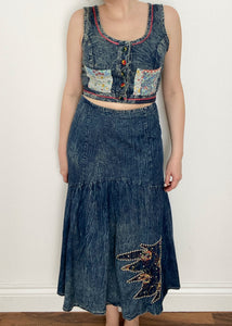 Acid Wash Denim Patchwork Skirt Set