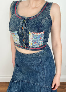 Acid Wash Denim Patchwork Skirt Set