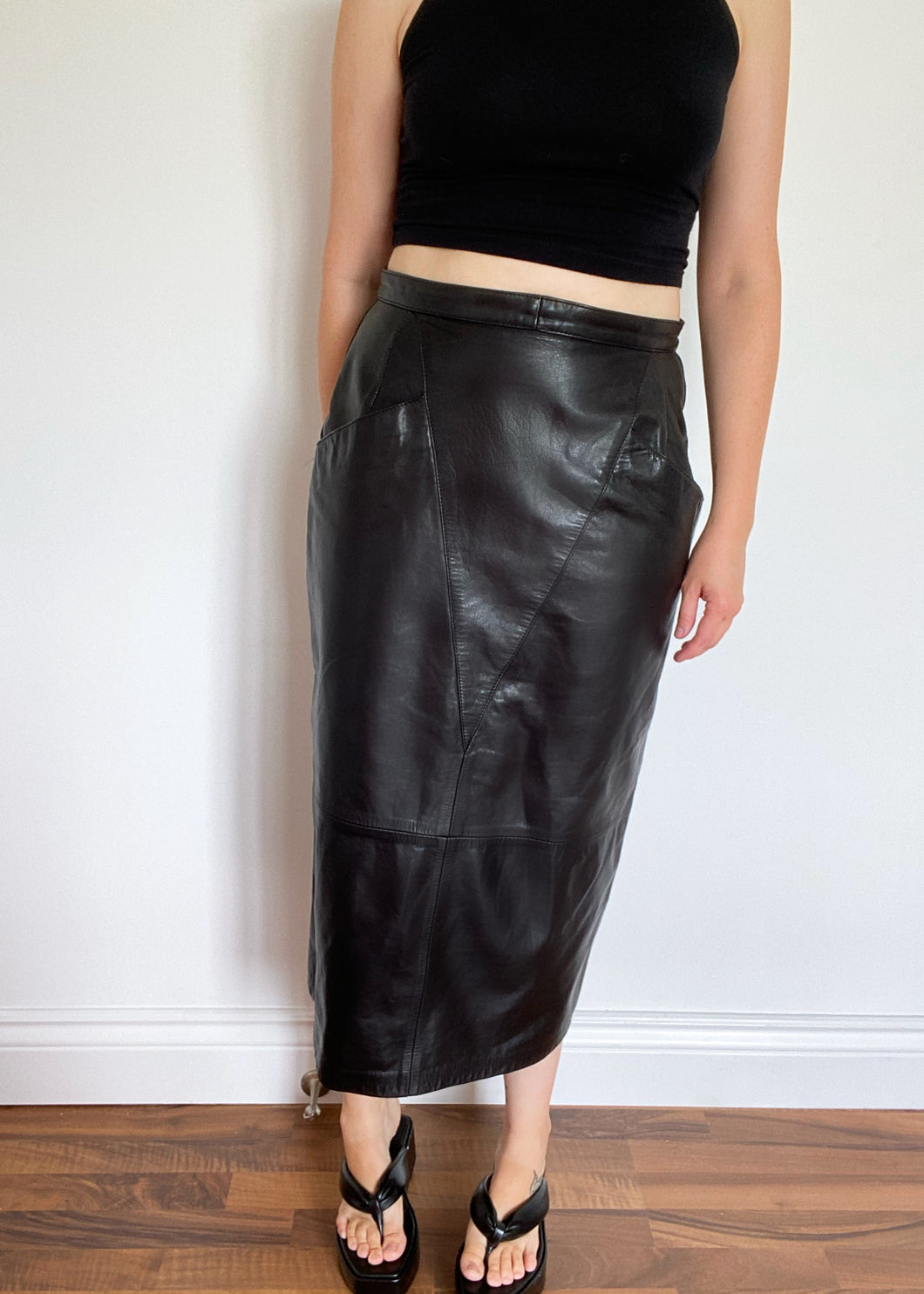 80's Black Maxi Leather Skirt