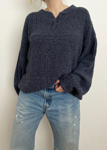 Blue Cotton Knit Henley Pullover