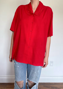 70's Red Collared Button-Up Short Sleeve Blouse