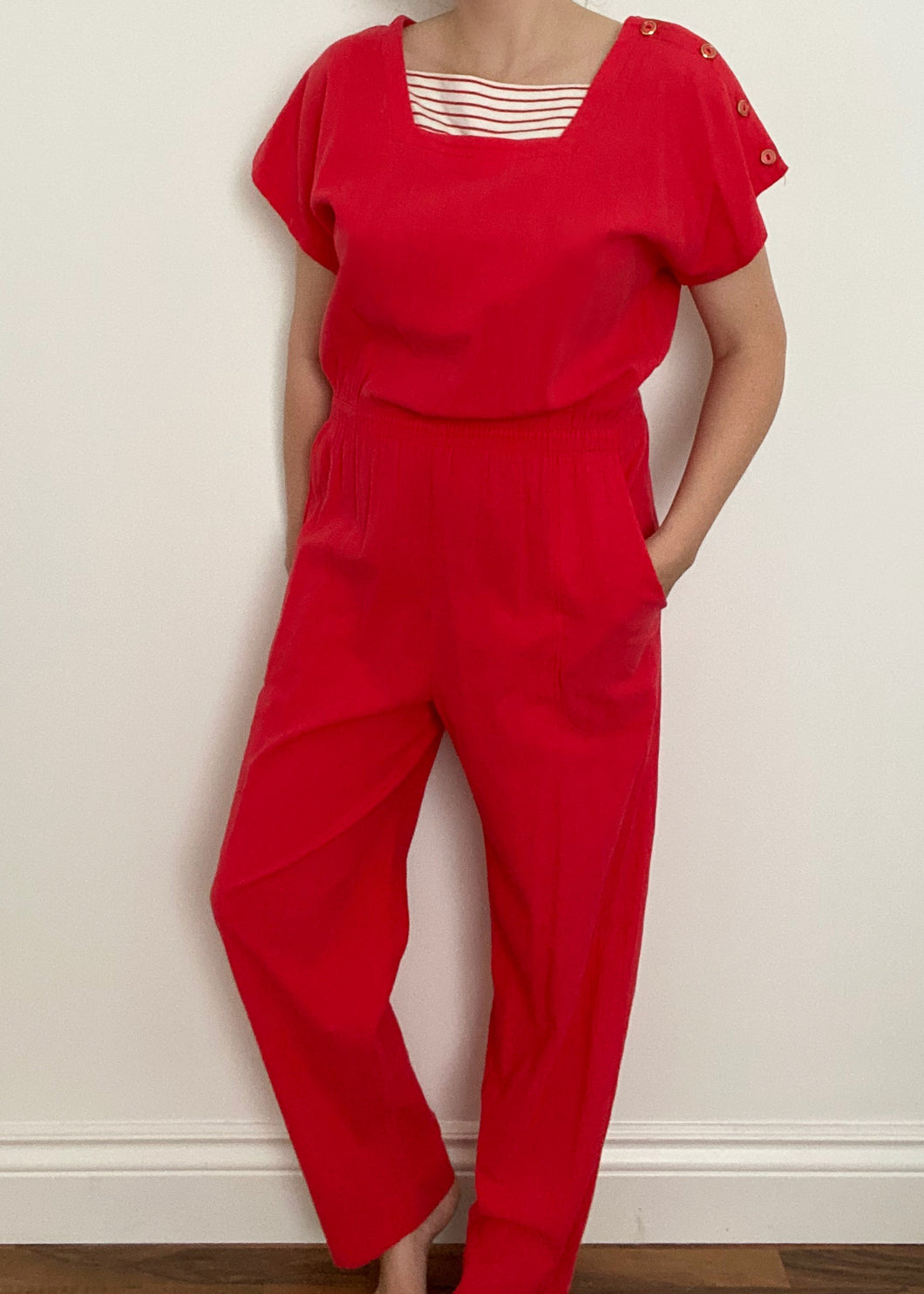 80's Red Cotton Jumpsuit