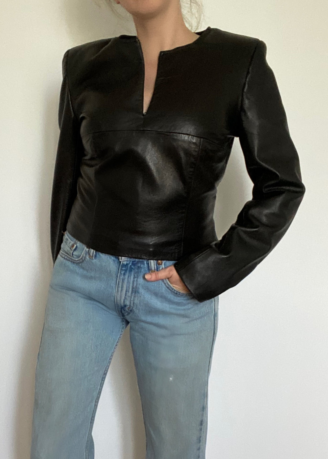 Black Leather Half Zip Shirt