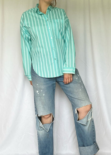 70's Blue and White Striped Button Up