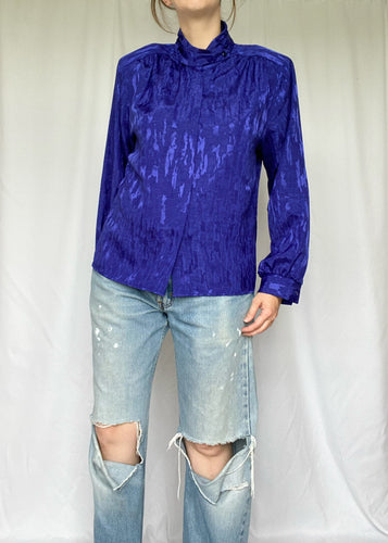70's Vibrant Blue Embossed Blouse