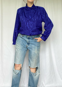 70's Vibrant Blue Embossed Blouse